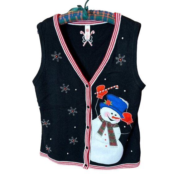 Vintage Holiday Sweater Vest With Snowman & Candy Canes Embroidery Large 12-14 - Picture 1 of 3